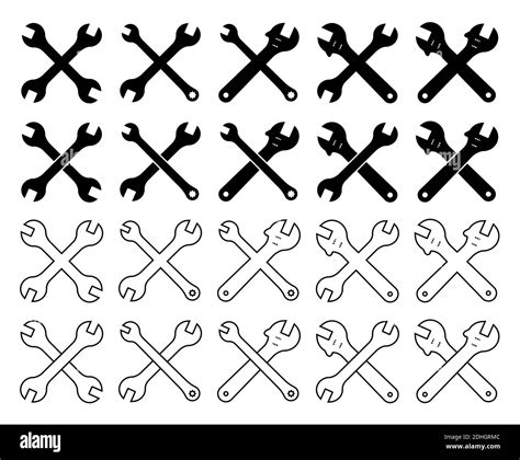 Large Set Of Crossed Wrench Icons For Repair Of Various Shapes Vector