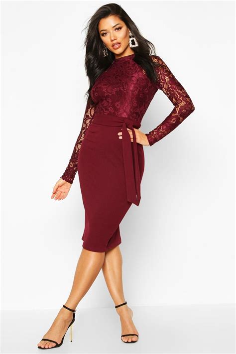 Womens High Neck Long Sleeve Lace Midi Dress Red 4 Dresses Are