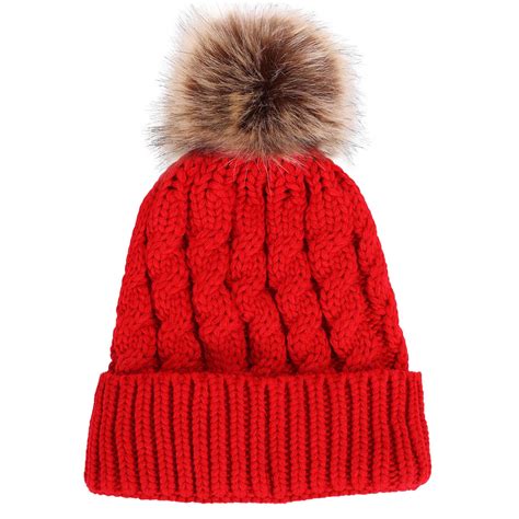 Men Womens Winter Handcraft Knit Faux Fur Pom Beanie Hat Red