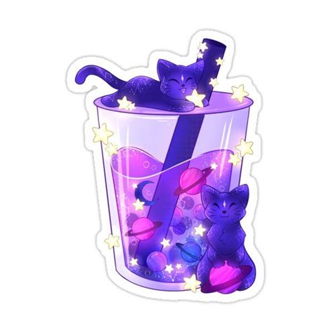 Purple Galaxy Cats Boba Tea Sticker By Averiillustrate In 2021 Kawaii