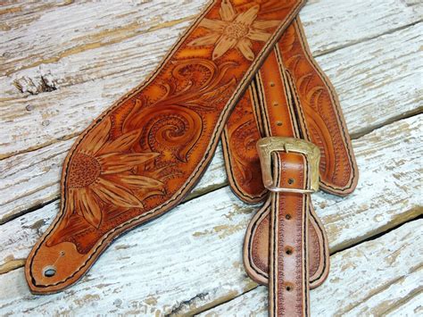 Adjustable Carved Leather Guitar Strap Hand Tooled Guitar Etsy