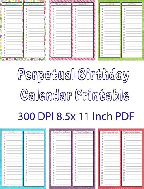 Perpetual Calendar Set Instant Download Printable Pdf Birthday