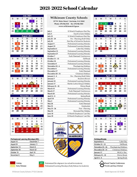 2021 2022 School Year Calendar Wilkinson County Primary School