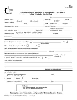 Fillable Online Optional Attendance Application for an Elementary Program Fax Email Print ...