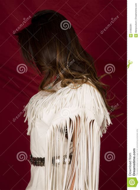 Native American Woman In White On Red Side Hair In Front Of Face Stock