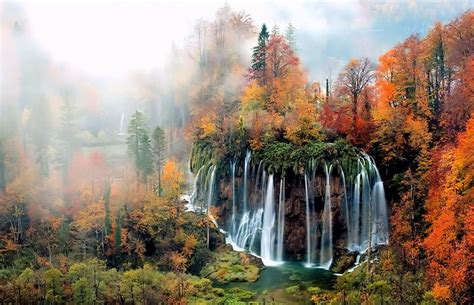 Autumn Morning At Waterfalls Waterfalls Beautiful Croatia Mountain