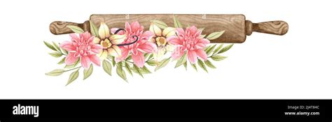 Baking Watercolor Illustration With Rolling Pin With Pink Flowers Hand Drawn Cooking Baking