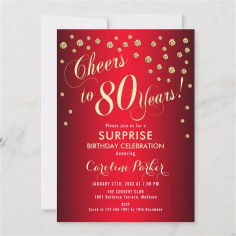 Surprise 80th Birthday Party Red Gold Invitation