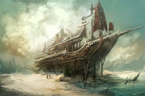 Art Beach Skeleton Ship Sea Wallpaper 2400x1600 281516