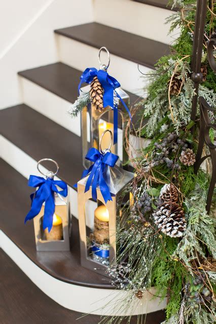 Entryway White And Blue Christmas Transitional Staircase San