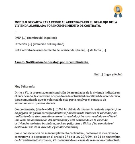 Modelo De Escrito De Desalojo A Inquilino Por Incumplimiento