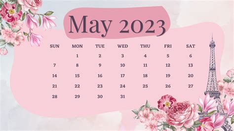 Eiffel Tower Flowers May 2023 Calendar In Light Blue Background 4k Hd