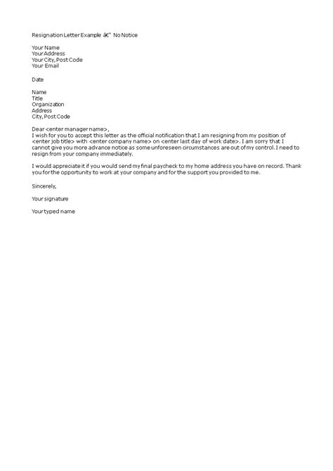 Resignation Letter Without Notice Period Templates At