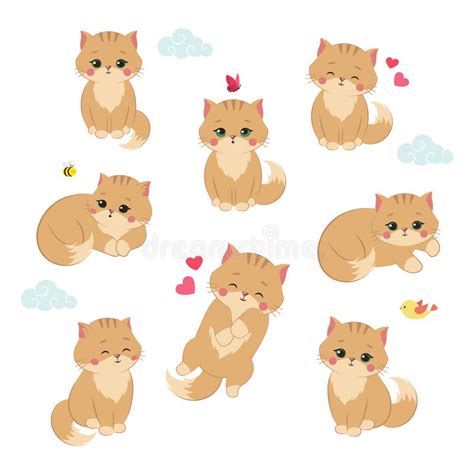 Set Of A Cute Cat In Different Poses Fluffy Kitten Cartoon Stock