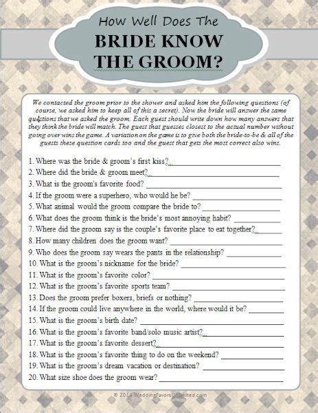 How Well Does The Bride Know The Groom Game Printable Bridal Shower