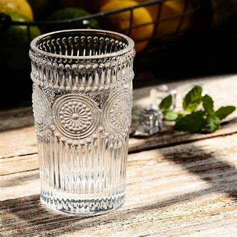 Antique Class Cups Clear Color Fancy Embossed Glass Cups Sunflower Pattern Juice Wine Milk Cup