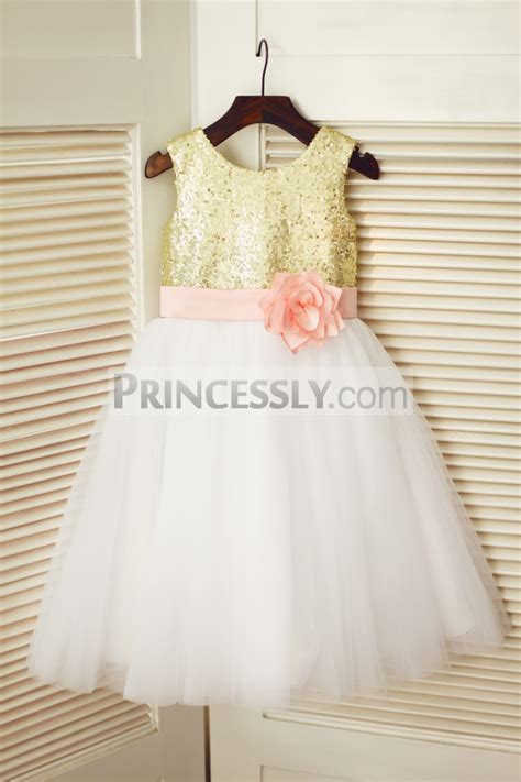 Ivory Tulle Gold Sequins Wedding Flower Girl Dress W Pink Beltflower Avivaly