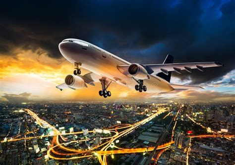 Airplane Over Night Scene City Stock Image Image Of Aerial Cityscape