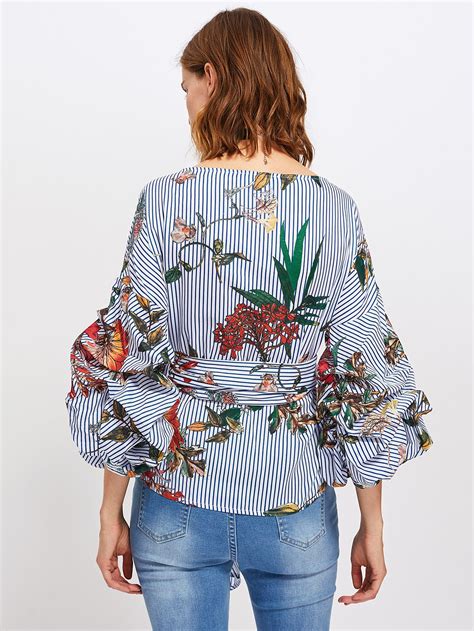 Gathered Sleeve Mixed Print Surplice Wrap Top | Gathered sleeves, Blouses for women, Tops