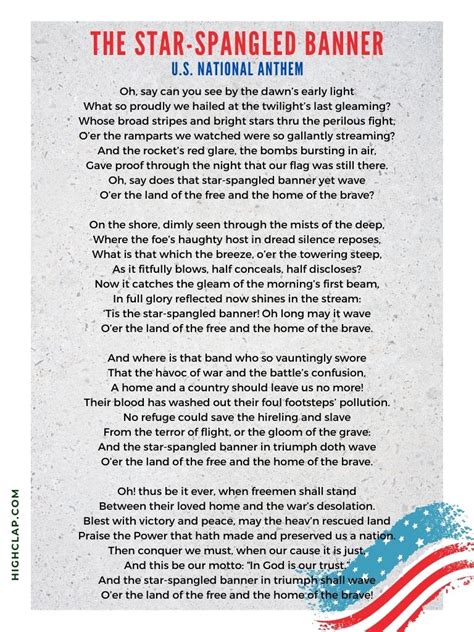 Lyrics Star Spangled Banner Printable Web United States Of America