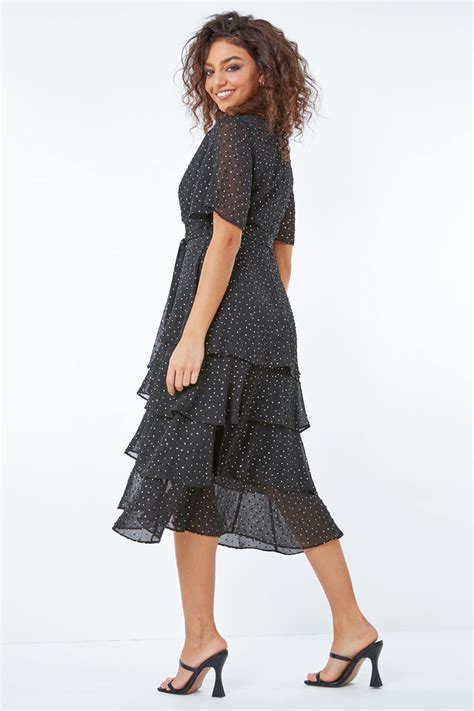 Petite Spot Print Tiered Frill Midi Dress In Black Roman Uk