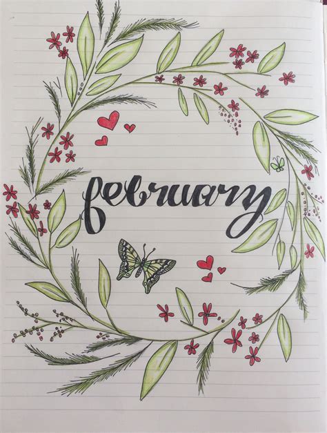 February Bullet Journal Month Title Page With Wreath And Butterfly By
