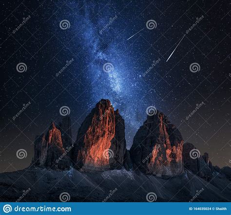 Tre Cime Di Lavaredo And Milky Way At Night Dolomites Stock Photo