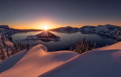 Wallpaper Winter Snow Sunset Lake Oregon The Snow Oregon Crater