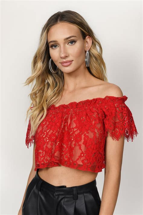 Tobi Crop Tops Womens Riley Red Lace Off Shoulder Crop Top Red ⋆ Theipodteacher