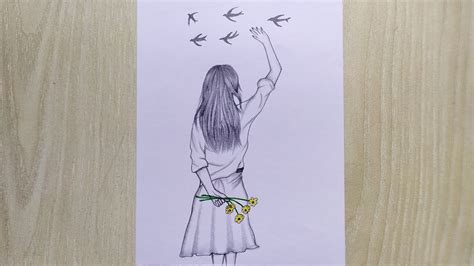 Girl Holding Flowers Back View Easy Drawing Tutorial For Beginners