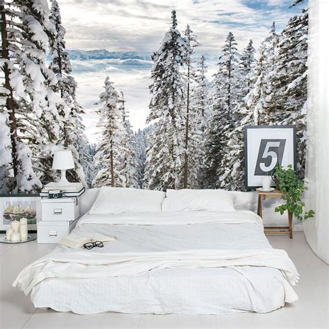 Nature and forest inspired bedroom furniture design. Alps Winter Forest Wall Mural