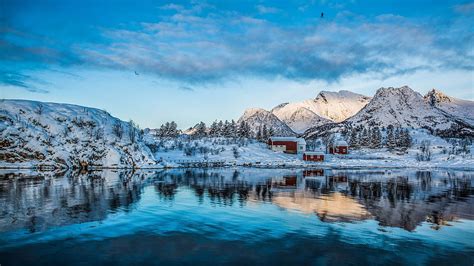 Lofoten Islands Norway Snow Reflections Sea Winter Houses Water