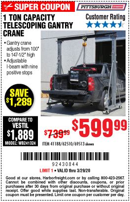 Find all of the best harbor freight tools coupons live now on insider coupons. PITTSBURGH AUTOMOTIVE 1 ton Capacity Telescoping Gantry Crane for $599.99 - Harbor Freight Coupons