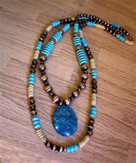 Turquoise Navajo Style Copper Beads Genuine Stone Pendant Etsy Blue