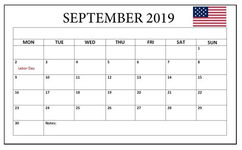 20 September 2019 Calendar With Holidays Free Download Printable