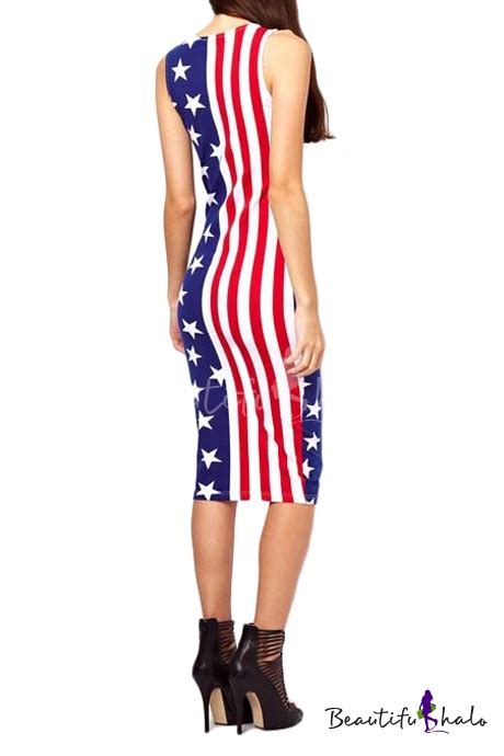 american flag print crew neck sleeveless bodycon dress