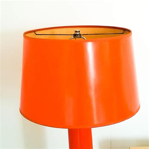 Vintage Pair Of Bright Orange Mid Century Table Lamps With Coated Gloss Shades