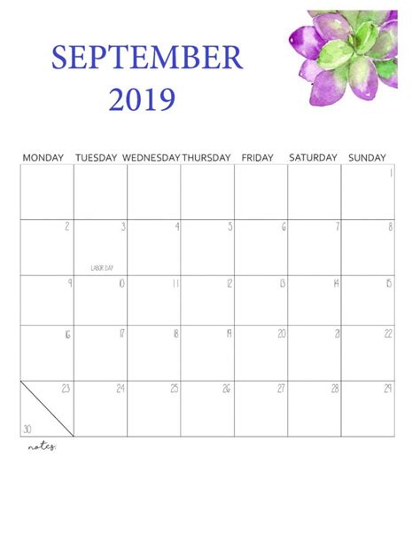 September Calendar 2019 Printable Template Pdf Word Excel