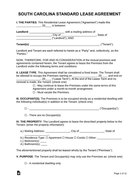 Free South Carolina Standard Residential Lease Agreement Template Pdf