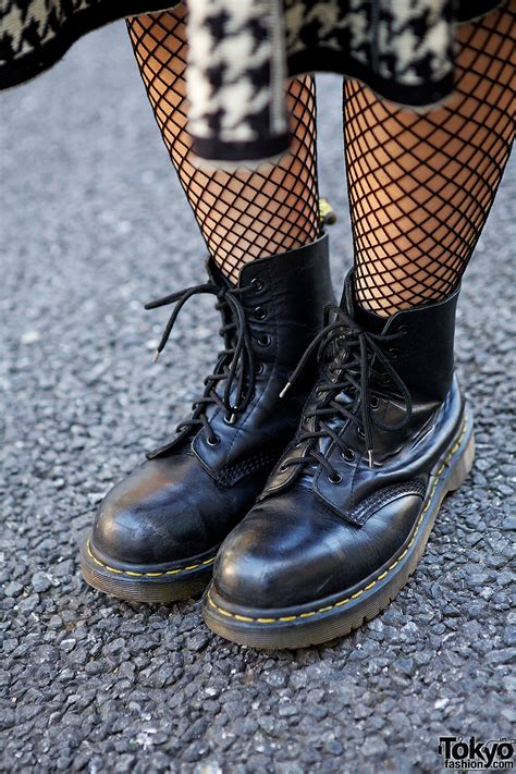 Bomber Jacket, Houndstooth Midi Skirt, Fishnets & Boots in Harajuku