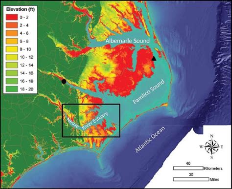 Elevation Lidar Map Of Coastal North Carolina Showing The