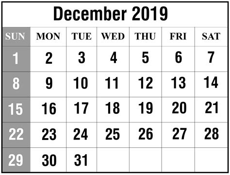 Free Blank December Calendar 2019 Printable Template Pdf Word Excel 4
