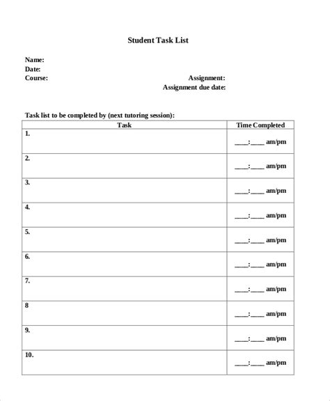 Sample Task List Template