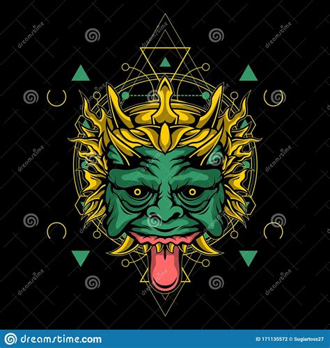 Green Demon Mask With Sacred Geometry Illustration Stock Vector