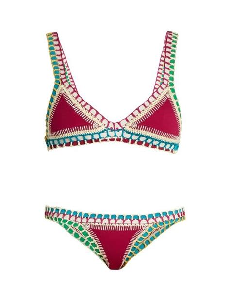 kiini coco crochet trimmed triangle bikini in pink multi modesens bikinis crochet trim