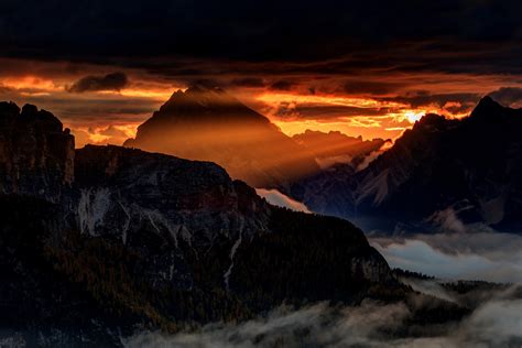 Landscape Nature Sunrise Mist Mountain Sun Rays Dolomites Mountains Alps Clouds Sky