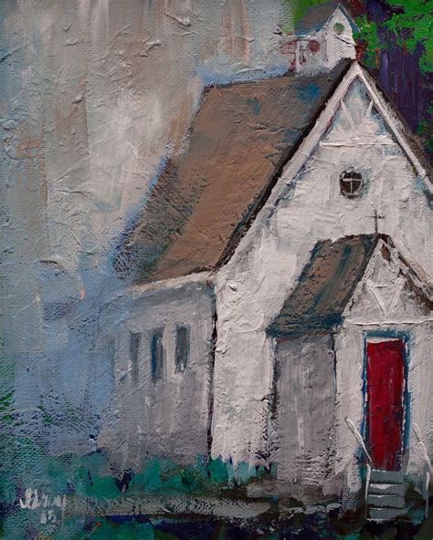 White Church Red Door Art Giclee Print Of Original Christian Painting