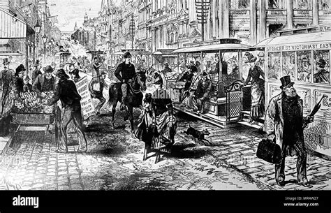 Engraving Depicting A Busy Street Scene Which Includes Tramcars On