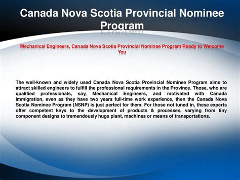 Canada Nova Scotia Provincial Nominee Program