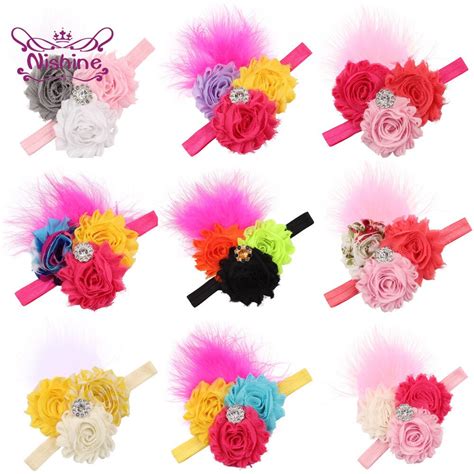 Nishine Colorful Chiffon Flowers Infant Elastic Headband With Feather